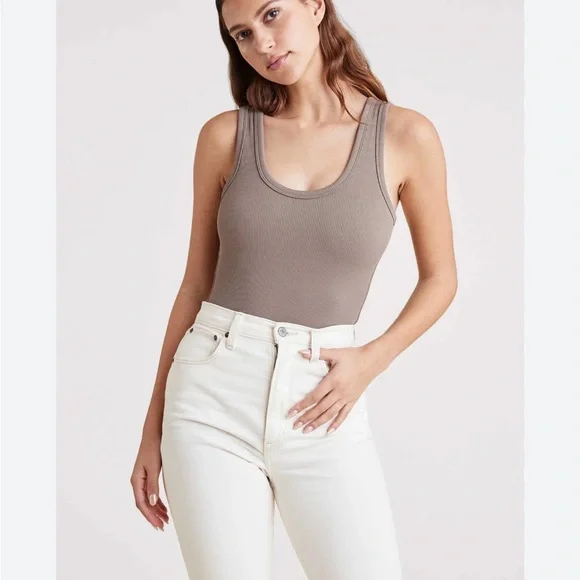 Nuuds Taupe Ribbed Tank Bodysuit Scoop Neck Clean Girl Capsule L Resortwear - Picture 1 of 5